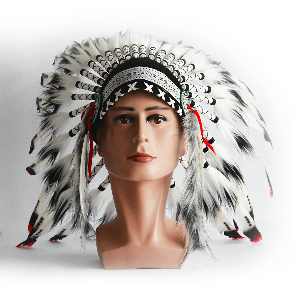 Ethnic Indian Style Headdress Style 2 Classic Indian Feather Hat Black White Silver - Image 2