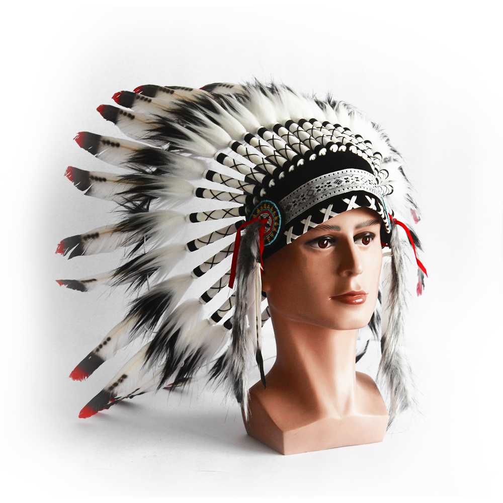 Ethnic Indian Style Headdress Style 2 Classic Indian Feather Hat Black White Silver - Image 4