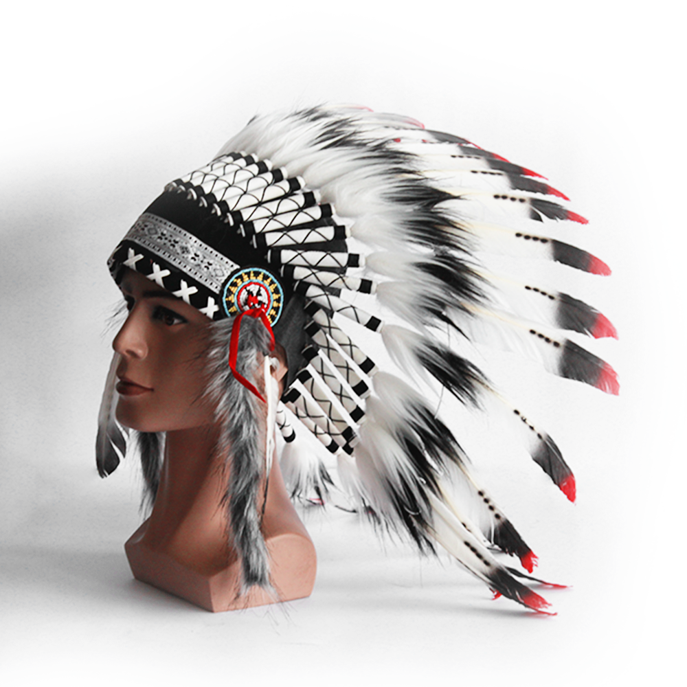 Ethnic Indian Style Headdress Style 2 Classic Indian Feather Hat Black White Silver - Image 3