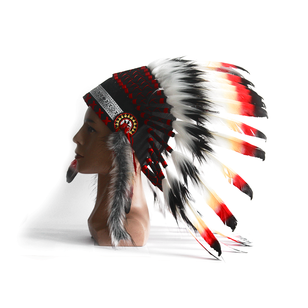 Ethnic Indian Style Headdress Style 3 Classic Indian Feather Hat Red Black Silver - Image 4