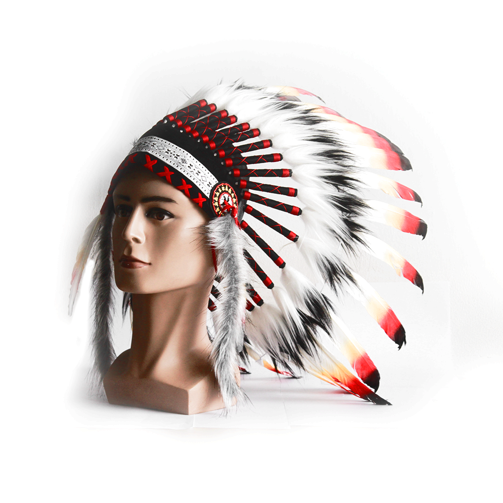 Ethnic Indian Style Headdress Style 3 Classic Indian Feather Hat Red Black Silver - Image 3