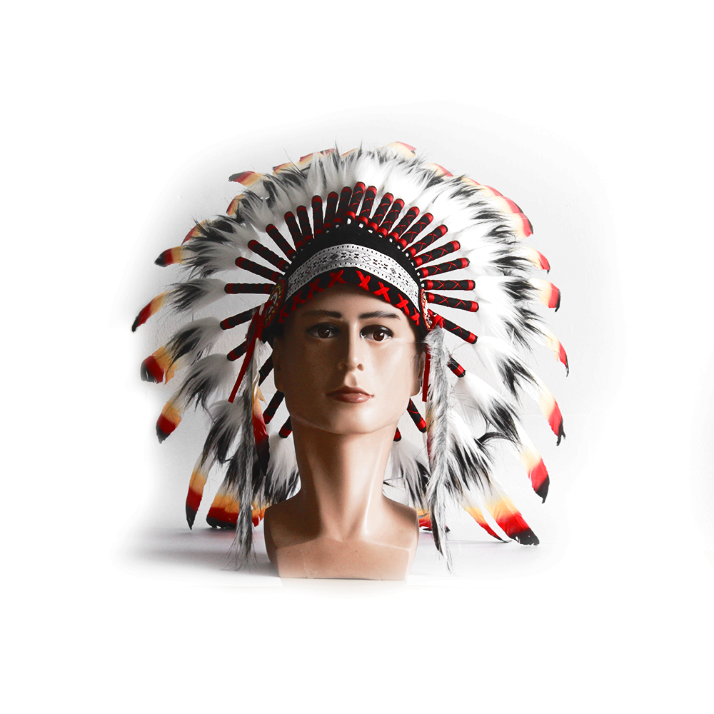 Ethnic Indian Style Headdress Style 3 Classic Indian Feather Hat Red Black Silver - Image 2