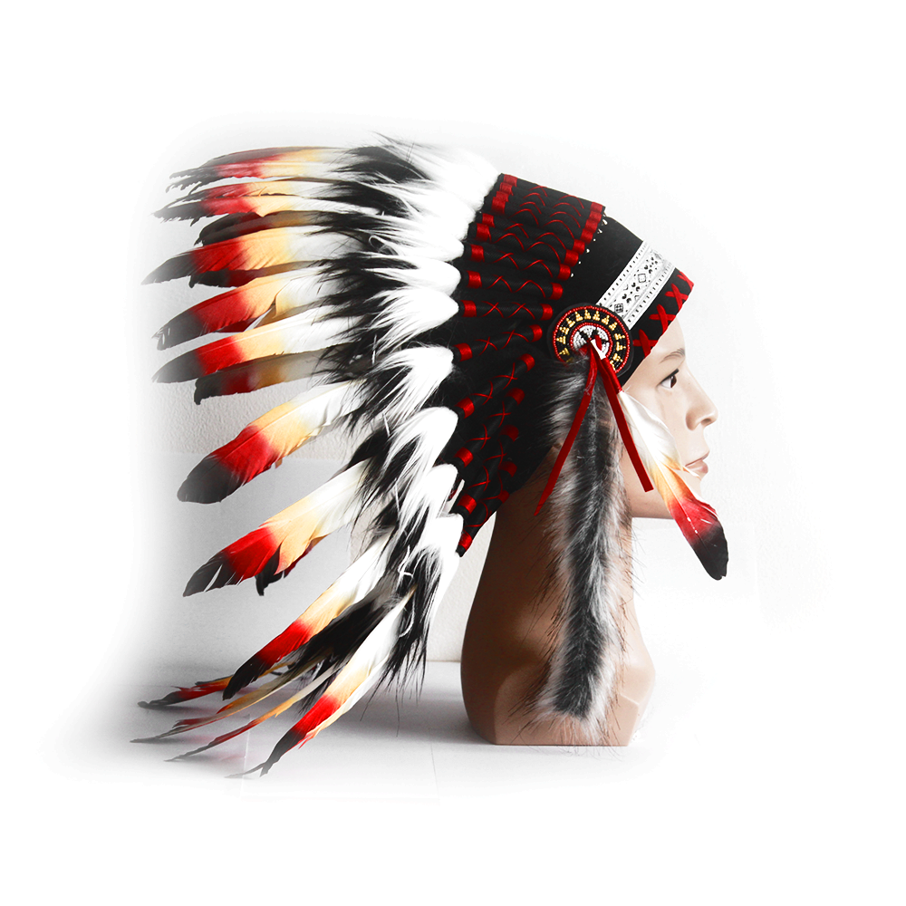 Ethnic Indian Style Headdress Style 3 Classic Indian Feather Hat Red Black Silver - Image 5